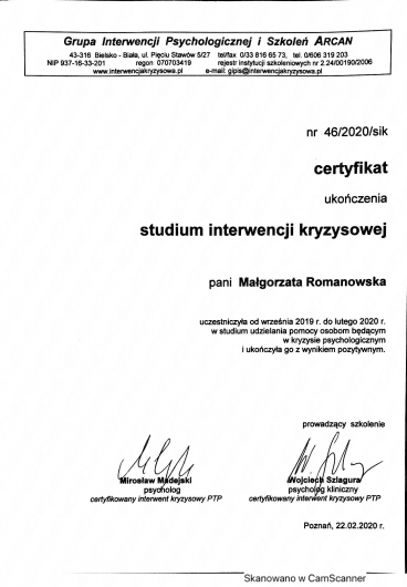 Małgorzara Romanowska - Studium Interwencji Kryzysowej - certyfikat