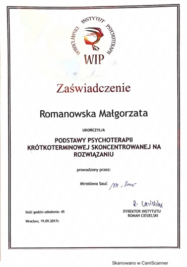 Małgorzata Romanowska - Psychoterapia Skoncentrowana Na Rozwiązaniu - zaświadczenie
