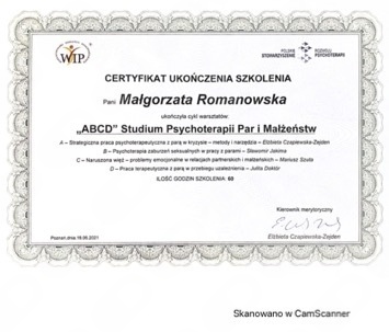 Małgorzata Romanowska - Terapia Par i Rodzin - certyfikat