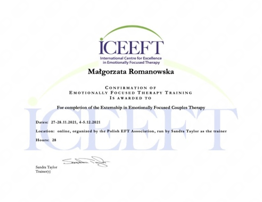 Małgorzata Romanowska - Terapia Skoncentowana na Emocjach - certyfikat