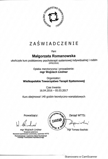 Małgorzata Romanowska - kurs psychoterapii systemowej - certyfikat