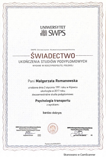 Małgorzata Romanowska - psycholog transportu - świadectwo