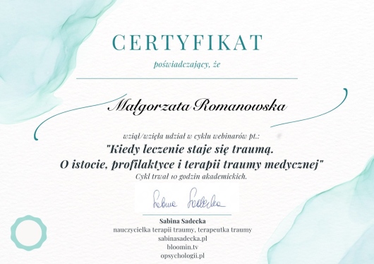 Małgorzata Romanowska - trauma medyczna - certyfikat
